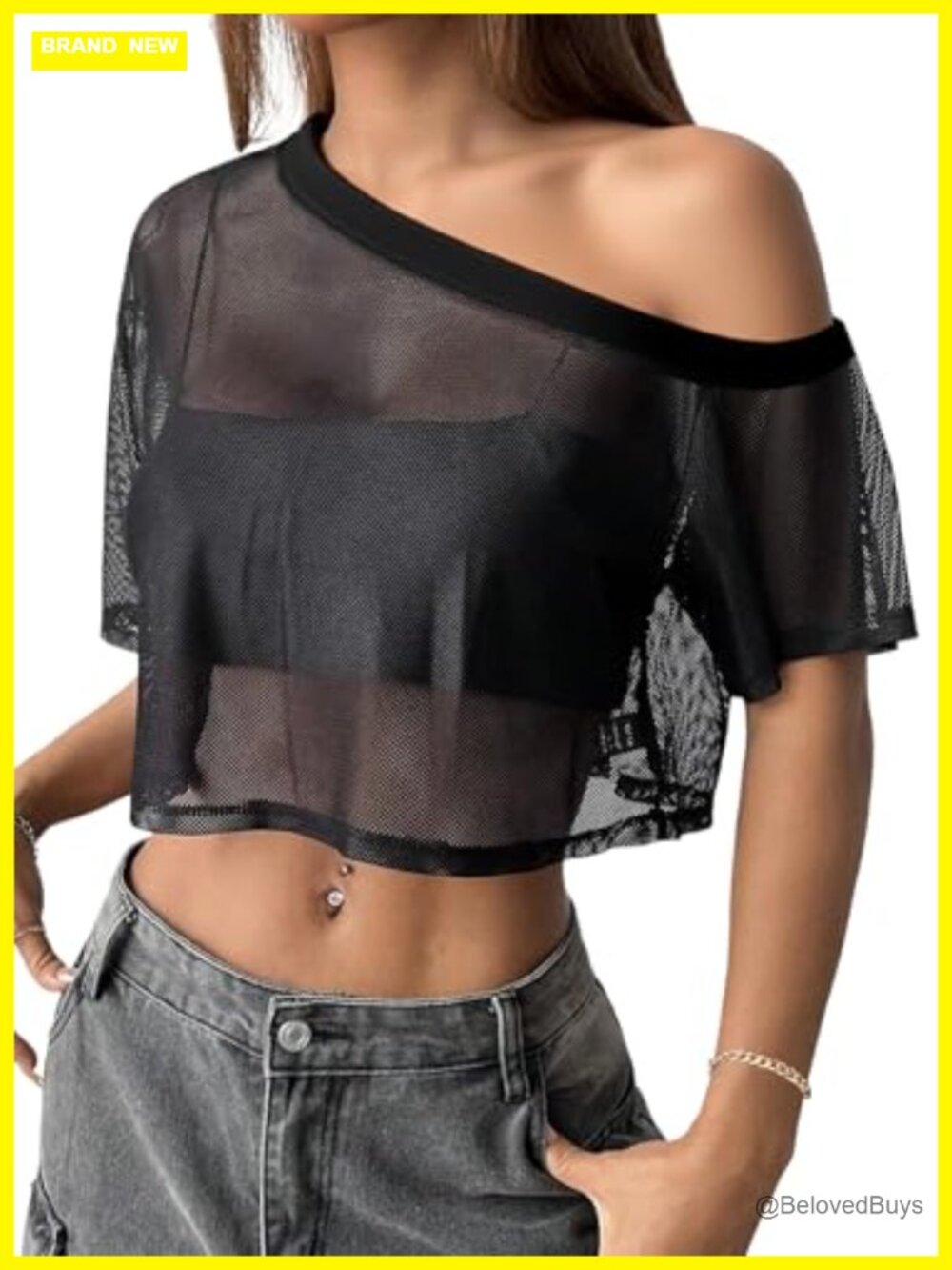 Off Shoulder Sheer Mesh Crop Top Short Sleeve Asymmetrical Y2K Clubwear